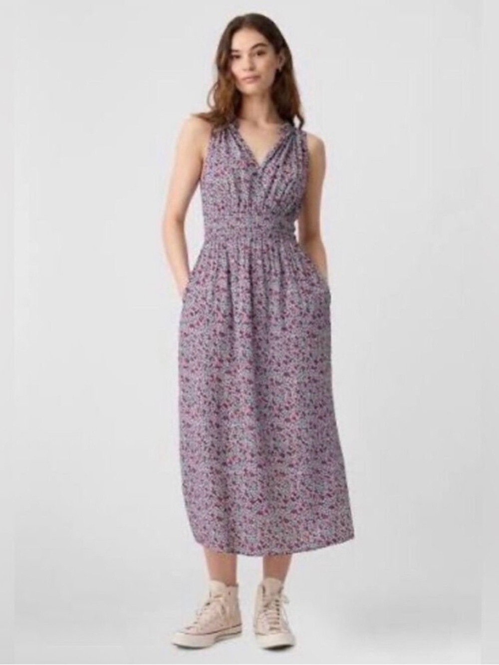 NWT Gap Floral V-Neck Sleeveless Midi Dress in Lavender-Pink